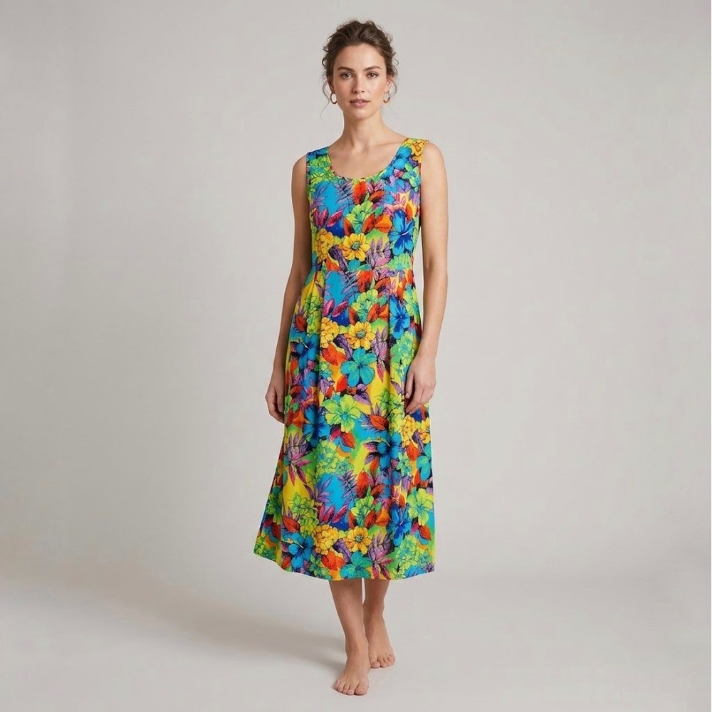 Hilo Hattie | Bright Hawaiian Floral Midi Dress Size M